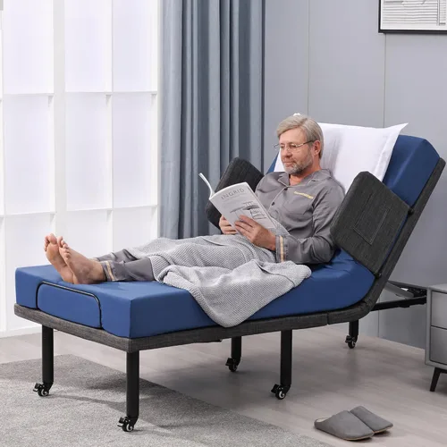 Vista 9 de ESHINE - Marco de cama ajustable con control remoto inalámbrico, inclinación de cabeza y pie, patas ajustables con rueda, barandilla de cama, base