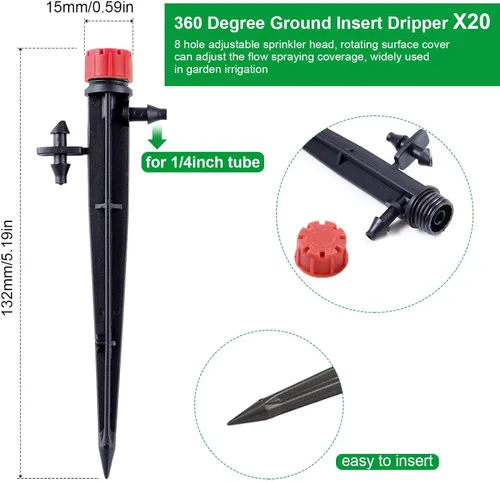 Vista 5 de Kalolary Emisor de goteo de riego de 1/4 pulgadas, 20 piezas de microrociadores ajustables de 360 grados, 8 agujeros, flujo de agua de círculo