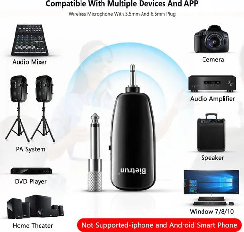 Vista 2 de Bietrun Micrófono de Diadema Inalámbrico, Sistema de Micrófono Inalámbrico UHF, alcance de 160 pies, enchufe de 1/8 pulgadas y 1/4 pulgadas