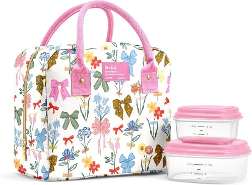 Vista 19 de Fit & Fresh Bloomington - Lonchera grande aislada para trabajar con contenedores, resistente a las manchas, cierre de cremallera, pequeñas flores