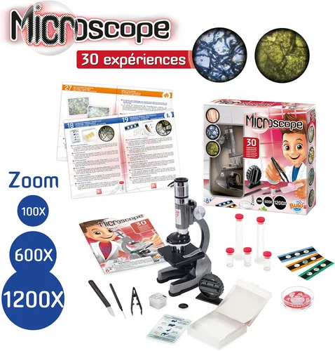 Vista 10 de Buki France Kit STEM de microscopio para principiantes – 200x a 1200x de aumento Microscopio de metal con luz LED y 30 experimentos Incluye