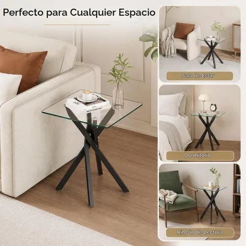 Vista 7 de Mesa auxiliar moderna de cristal, mesa auxiliar cuadrada para sofá, mesa auxiliar negra con parte superior de vidrio templado transparente y patas