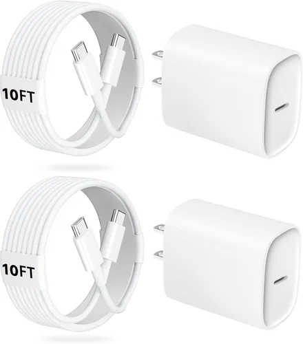 Vista 15 de Cargador para teléfono 17, 16, 15 Pro, carga rápida, 20 W, USB C, bloque de carga rápida con cargadores tipo C de 10 pies de largo, cable de carga