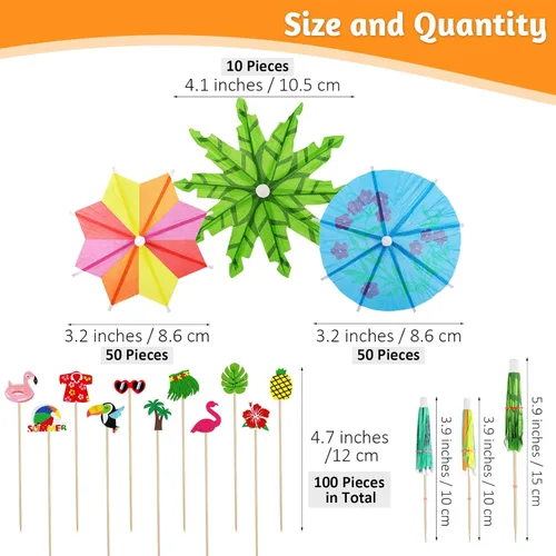 Vista 2 de Breroa 210 piezas hawaianas Luau surtidas selecciones tropicales de bambú para cóctel tropical de bambú, palma de coco tropical verde, paraguas