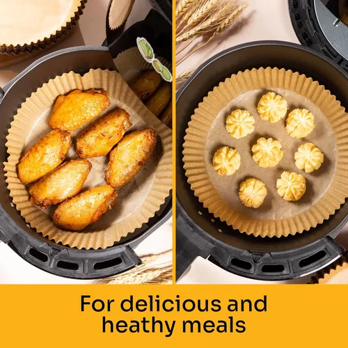 Vista 6 de Mindful Design Forros de Papel para Freidora de Aire, 125 Piezas, Papel Pergamino, Forro Desechable para Freidora de Aire para Microondas, Redondo