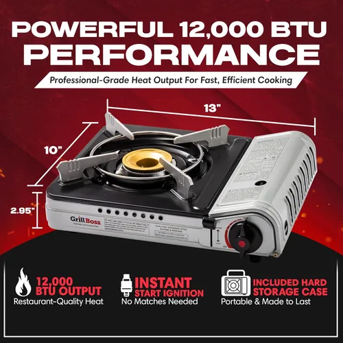 Vista 3 de Grill Boss - Estufa de campamento de combustible dual con 4 recipientes de butano de 8 onzas, estufa portátil de butano y propano de 12,000 BTU