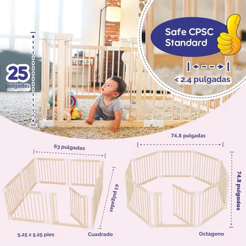 Vista 4 de Corralito plegable de madera para bebés, corral grande para bebés, 2 en 1, ayudante para nuevas mamás, cerca portátil, puerta de madera ajustable