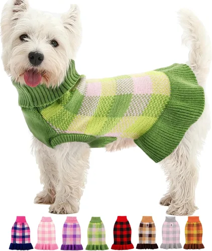 Vista 14 de Vestido suéter para perro, ropa de punto a cuadros para perros pequeños y medianos, cálido, cuello alto, elástico, lindo chaleco de otoño e