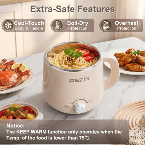 Vista 7 de Dezin - Olla caliente eléctrica, cocina rápida de fideos, mini olla de acero inoxidable perfecta para ramen, huevos, pasta, bolas de masa hervida