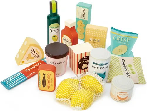 Vista 3 de Tender Leaf Toys - Juego de comestibles de supermercado - Paquete de 17 piezas de madera para juegos de roles de supermercado, accesorios de cocina