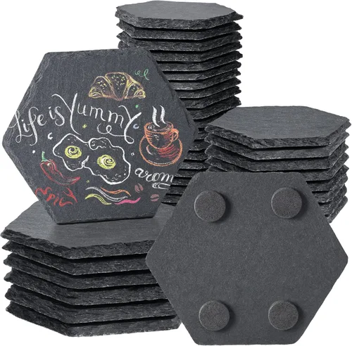 36 Piezas Posavasos de Pizarra a Granel, Posavasos Hexagonales de Piedra Negra en Blanco de 4 Pulgadas para Bebidas, Piedra Hexagonal Natural Hecha