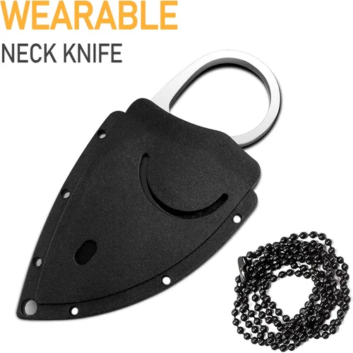 Vista 3 de Cuchillo pequeño EDC para el cuello con funda y collar, mini cuchillos tácticos de hoja fija de espiga completa, lindo cuchillo de bolsillo perfecto