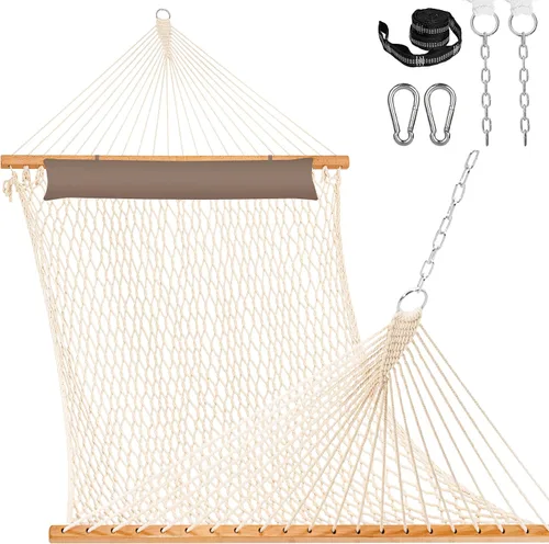 Lazy Daze Hammocks Hamacas de cuerda doble de 12 pies, hamaca de algodón tejida a mano para 2 personas con almohada, barra separadora para Natural