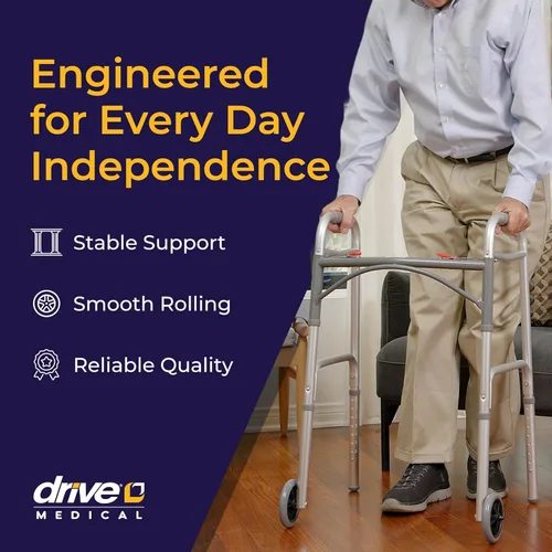 Vista 2 de Drive Medical 10210-1 Andador plegable de lujo de dos botones con ruedas de 5 pulgadas