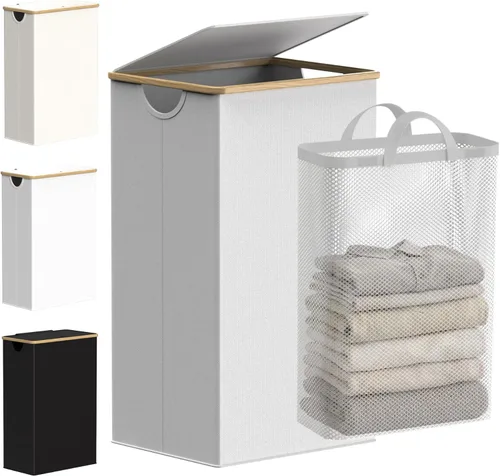 Vista 16 de efluky Cesta de lavandería delgada con tapa, cesta estrecha para la ropa sucia con bolsa extraíble, cesta de ropa sucia delgada con asas de bambú