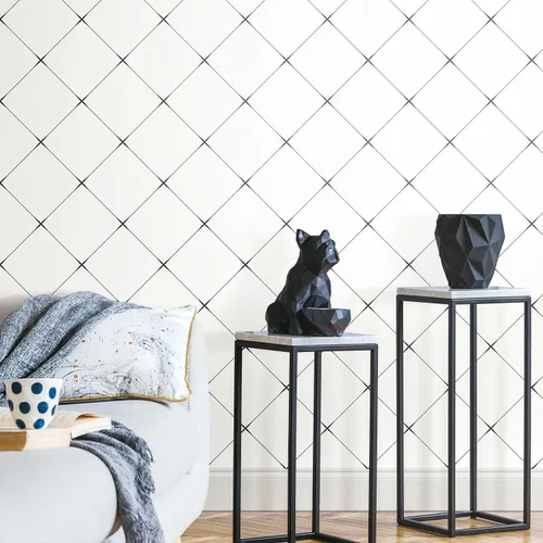 RoomMates RMK12035RL Papel tapiz geométrico de azulejos de diamante blanco y negro