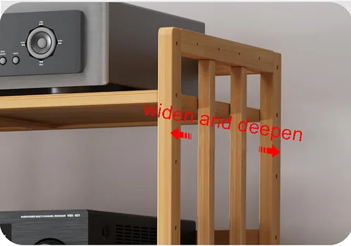 Vista 6 de Estantes de esquina de madera, gabinete de componentes, torre de audio estéreo con estantes de madera ajustables en altura, soporte para medios AV