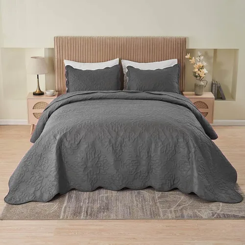 Vista 2 de Kingnex Juego de colcha de tamaño King, suave, ligera, acolchada, 3 piezas, 1 edredón y 2 fundas de almohada, color gris oscuro