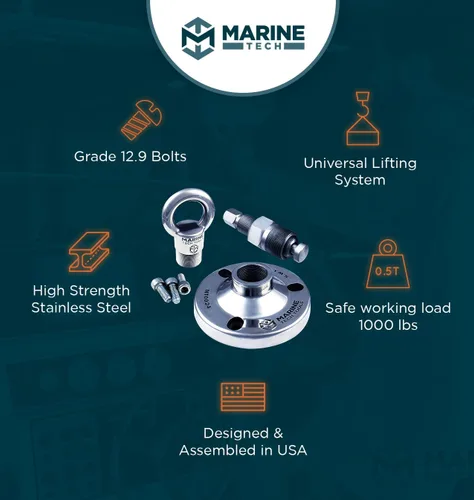Vista 5 de Marine Tech Tools - Kit de elevación fuera de borda, anillo de elevación universal (AMT0022), adaptador de elevación para mercurio (AMT0024)