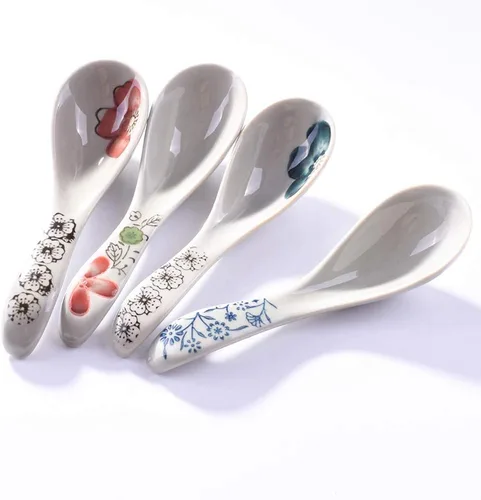 Vista 8 de Juego de 4 cucharas de sopa de cerámica asiática de porcelana de mango largo japonesas para fideos Pho Wonton Dumpling Rice