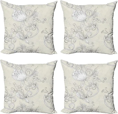 Vista 12 de Ambesonne Art Nouveau Throw Pillow Cover Set of 4, Hand Drawn Old Fashioned Chinese Blooms Leaves Shabby Pattern, Square Cushion Covers Decor for