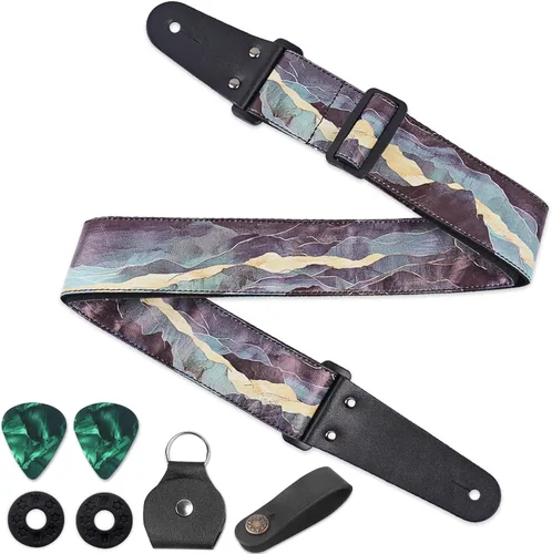 Vista 23 de QIELIZI Correa ajustable para guitarra incluye 2 cierres de correa y 2 púas a juego y 1 portapúas y 1 botón de correa de cuero.