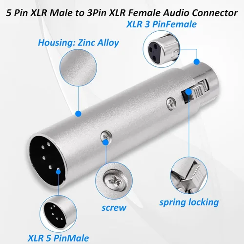Vista 4 de XLR 5 pines macho a 3 pines hembra DMX adaptador convertidor de señal de audio para micrófono luz de escenario -2