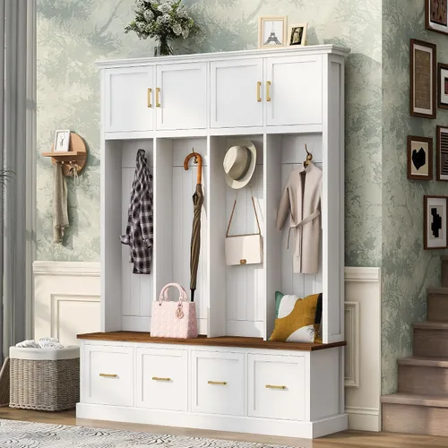 Vista 2 de JIVOIT Farmhouse Wood Hall Tree with Coat Hooks, Cabinets, 4 Drawers, Hooks (Ancient White/ 091)