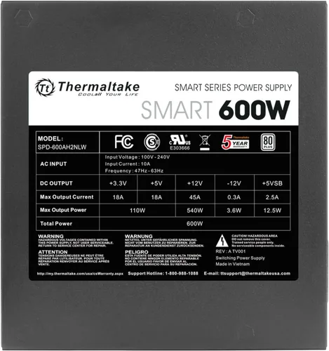 Vista 4 de Thermaltake SMART 600W ATX 12V V2.3/EPS 12V 80 Plus Fuente de alimentación PFC activa certificada PS-SPD-0600NPCWUS-W