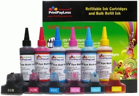 PrintPayLess brand Pre-filled Refillable Ink Cartridges for HP 02 (non-OEM) - With Auto Reset Chips!and 600ml of UV Resistant Bulk Dye Ink Specially