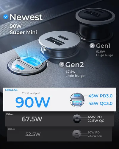 Vista 2 de MRGLAS Cargador de coche rápido para iPhone 17/16 de 90 W, cargador de coche USB C con cable tipo C, PD45W y QC45W, ajuste empotrado, todo metal