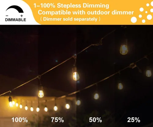 Vista 3 de SUNTHIN Luces de Cadena para Exteriores, luz de cadena de grado comercial de 48 pies con 15 bombillas Edison vintage regulables de 11 W, colgantes