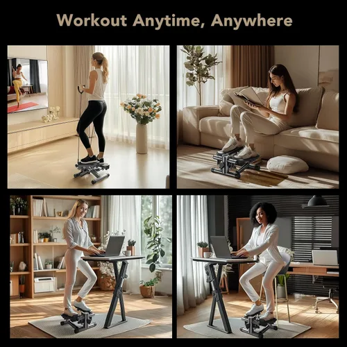 Vista 6 de Mini Stepper con bandas de resistencia, escalera de pasos para ejercicio en casa, máquina de fitness hidráulica compacta, altura de paso ajustable