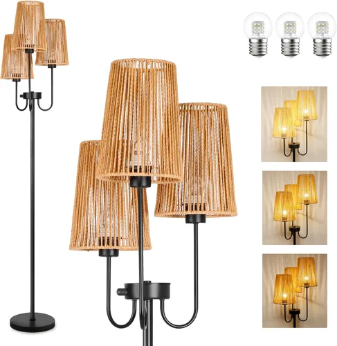 Vista 9 de Lámpara de pie de ratán para sala de estar, lámpara de pie de granja de 3 luces con pantallas de ratán, lámparas altas rústicas de 65 pulgadas