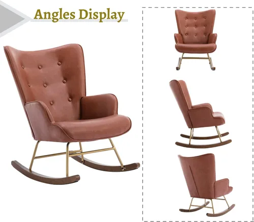 Vista 6 de EALSON Mecedora tapizada de piel, con respaldo copetudo, con base de madera, sillón moderno y cómodo para dormitorio, sala de estar, color marrón PU