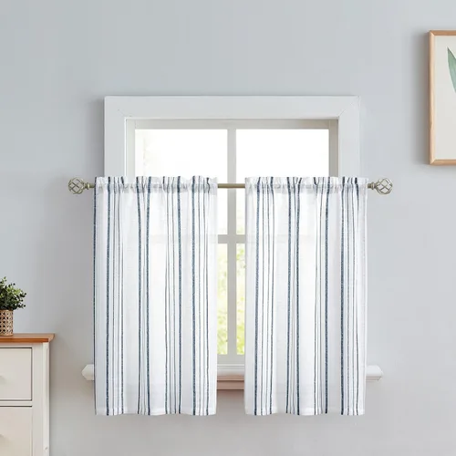Vista 15 de SXZJTEX Cortinas de cocina para cafetería, cortinas traslúcidas a rayas negras, patrón de rayas finas, estilo rústico, cortinas cortas para baño
