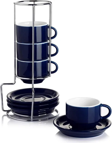 Vista 17 de Sweese - Juego de 4 tazas de espresso apilables de porcelana de 4 onzas con platillos y soporte de metal, color turquesa