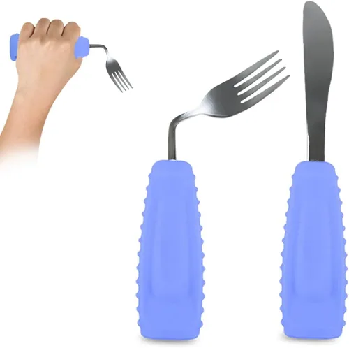 Vista 9 de Adaptive Utensils - Cuchillo y tenedor en ángulo para temblores de manos, parkinson, utensilios pesados con asas antideslizantes de fácil agarre