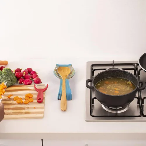 Vista 6 de Soporte para cuchara de búho, soporte de cuchara de cerámica, soporte para utensilios para estufa, encimera de cocina, mesa de comedor, estación