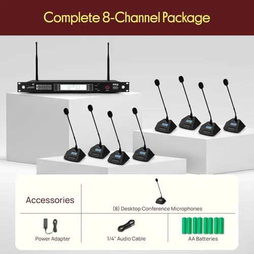Vista 7 de Pyle Sistema de micrófono inalámbrico con receptor de micrófono de 8 canales Incluye 8 micrófonos de conferencia de escritorio UHF Configuración