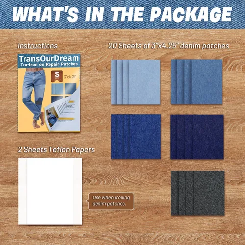 Vista 2 de TransOurDream Tru-Parches para planchar para jeans, 20 piezas (3 x 4-1/4 pulgadas, talla S), parche de reparación para ropa, parches de mezclilla