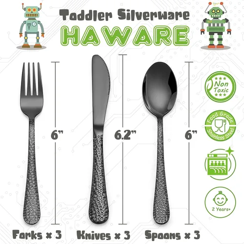 Vista 2 de HaWare Juego de cubiertos de 9 piezas para niños pequeños, cubiertos martillados de acero inoxidable, utensilios de alimentación preescolar, incluye