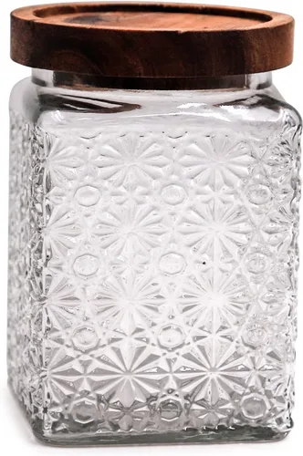 Vista 9 de TOSSOW - Tarro de almacenamiento de vidrio vintage, recipientes de alimentos de 24 onzas con tapa de madera, 1 recipiente de textura martillada