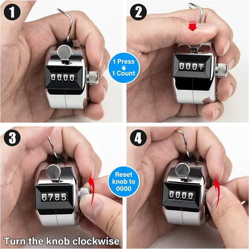 Vista 4 de Contador de 4 Dígitos, Clicker de Mano, Contadores de Metal con Clicker para Pitch, para Contar, Tejer, Entrenar, Golf, Vueltas, Pesca