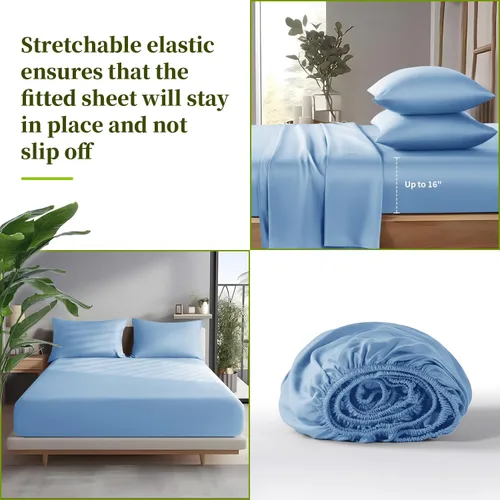 Vista 82 de Shilucheng Sábanas 100% viscosa derivada de bambú, tamaño matrimonial, 4 piezas, ultra refrescantes y sedosas, bolsillo profundo de 16 pulgadas