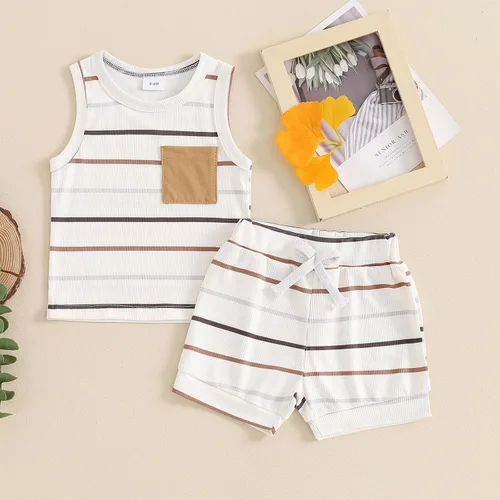 Vista 72 de Ropa de bebé niño sin mangas + pantalones cortos con estampado a rayas con bolsillos, 2 piezas de trajes de verano