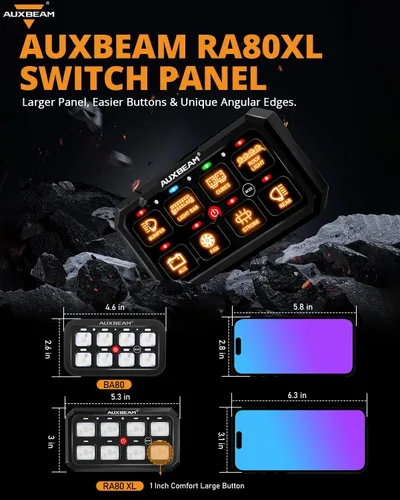 Vista 2 de Auxbeam Panel de interruptores RGB de 5 pulgadas, grande, 8 cuadras, panel de interruptor RA80 XL, pulsado momentáneo, 12 V, panel de interruptor