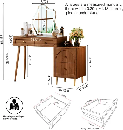 Vista 7 de Mesa de tocador de maquillaje de esquina elegante de nogal, escritorio de tocador con espejo iluminado y 4 cajones espaciosos, tocador esencial