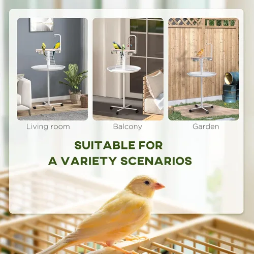 Vista 3 de PawHut Soporte para pájaros, soporte de loro con ruedas, perchas, cuencos de alimentación de acero inoxidable, bandeja redonda, soporte de juego