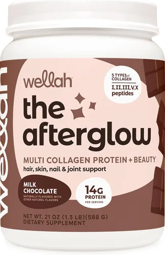 Wellah The Afterglow Multi Collagen Protein + Beauty (30 porciones, chocolate) – Soporte para el cabello, la piel, las uñas y las articulaciones,